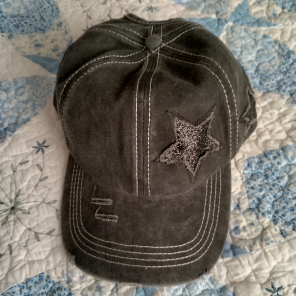 Women's Black High Ponytail Distressed Baseball Cap